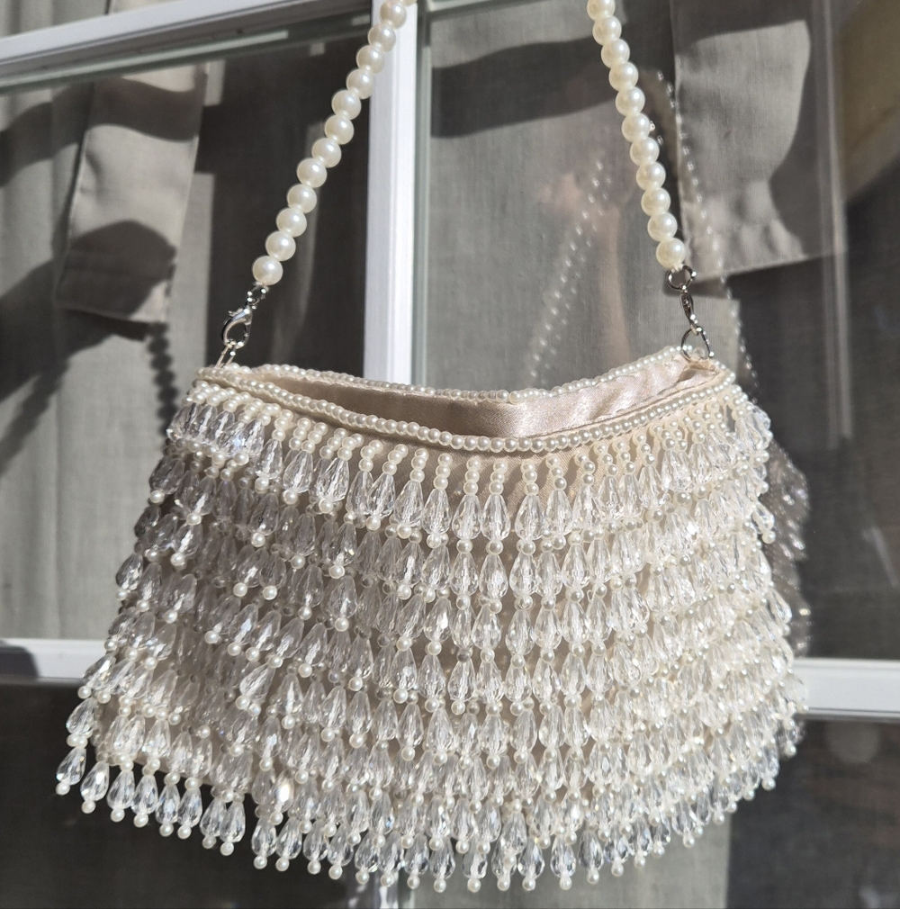 Pearl-Embellished Ivory Beaded Clutch